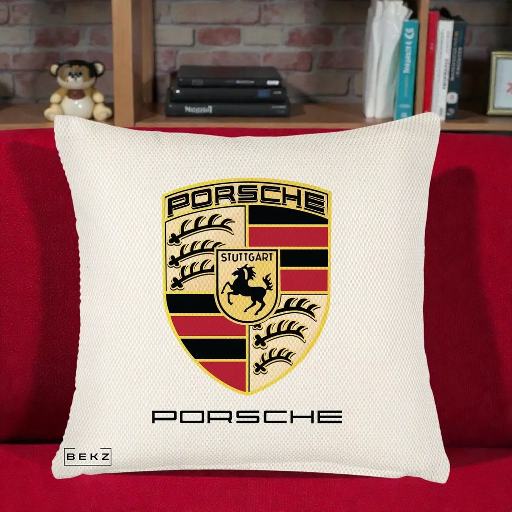 Perna Personalizata Porsche Stuttgart, 40x40 cm, Crem Reliefat, Husa Detasabila, Perna Inclusa, BEKZ®