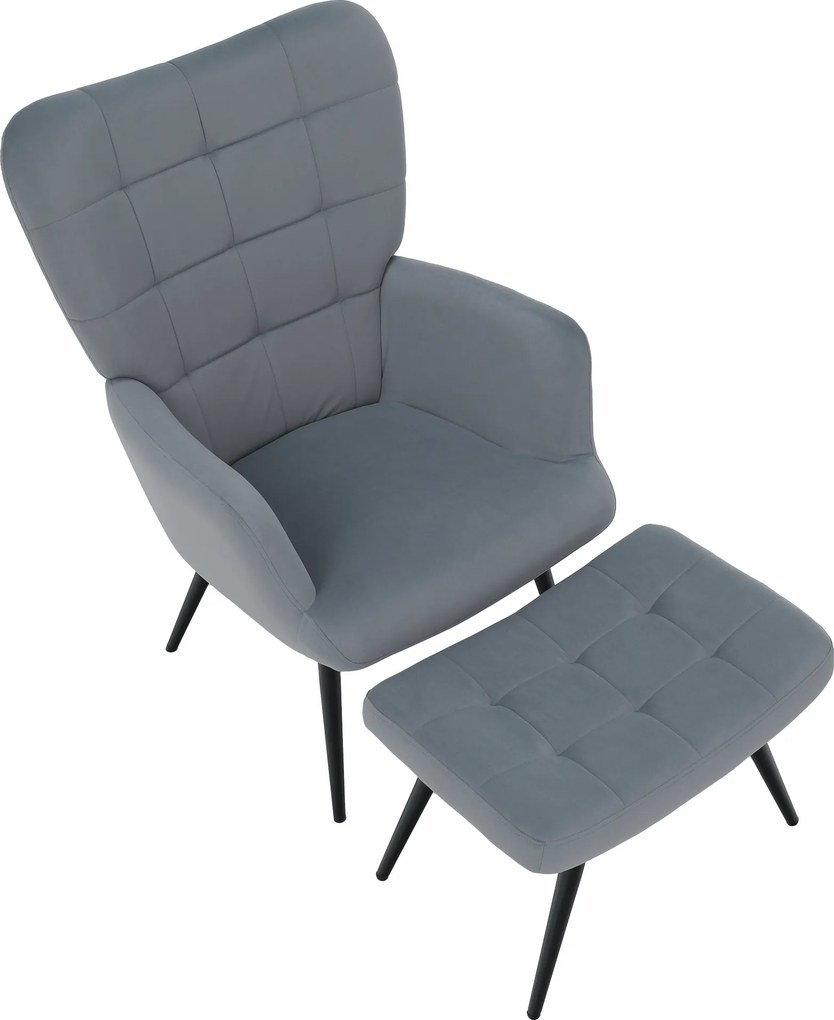 Fotoliu cu suport pentru picioare, ţesătură Velvet gri/negru, HABEN
