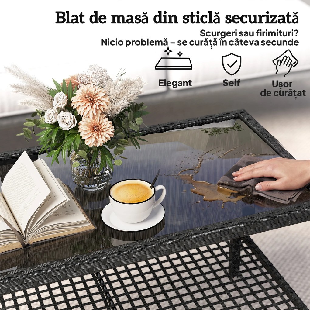 Outsunny Măsuță de Cafea din Ratan pe 2 Niveluri cu Raft, Blat din Sticlă Securizată, Măsuță de Exterior cu Cadru din Oțel, 92x50x45 cm, Negru | Aosom Romania