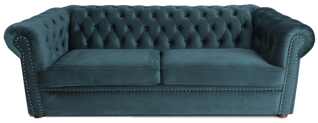 Canapea extensibila Chesterfield, 3 locuri, Albastru-Verzui, 203x90x66 cm