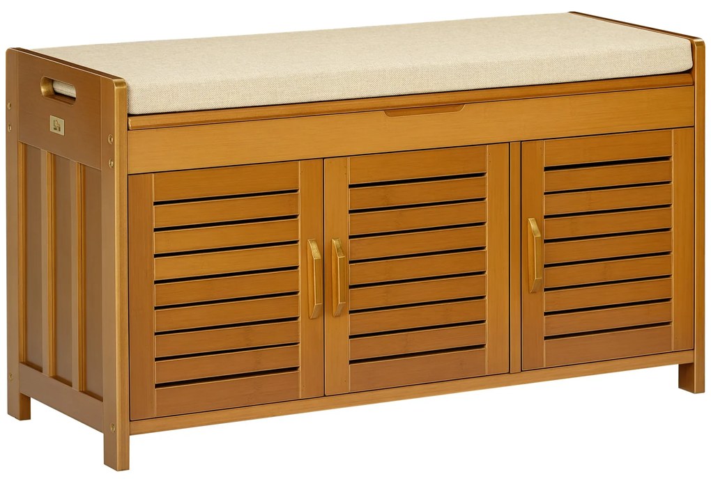 HOMCOM Banc pentru pantofi mobilier pentru pantofi din bambus cu pernă de șezut, 3 uși și compartiment ascuns, maro | Aosom Romania