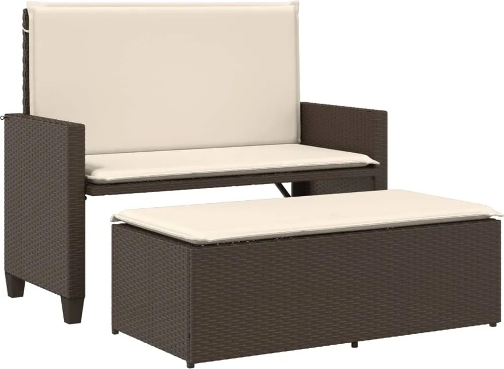 vidaXL Bancă de grădină cu perne și taburet, maro, poliratan