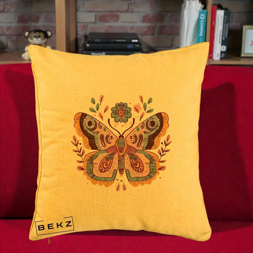 Perna Decorativa Fluture Boho Floral, 40x40 cm, Galben, Husa Detasabila, Perna Inclusa, BEKZ®