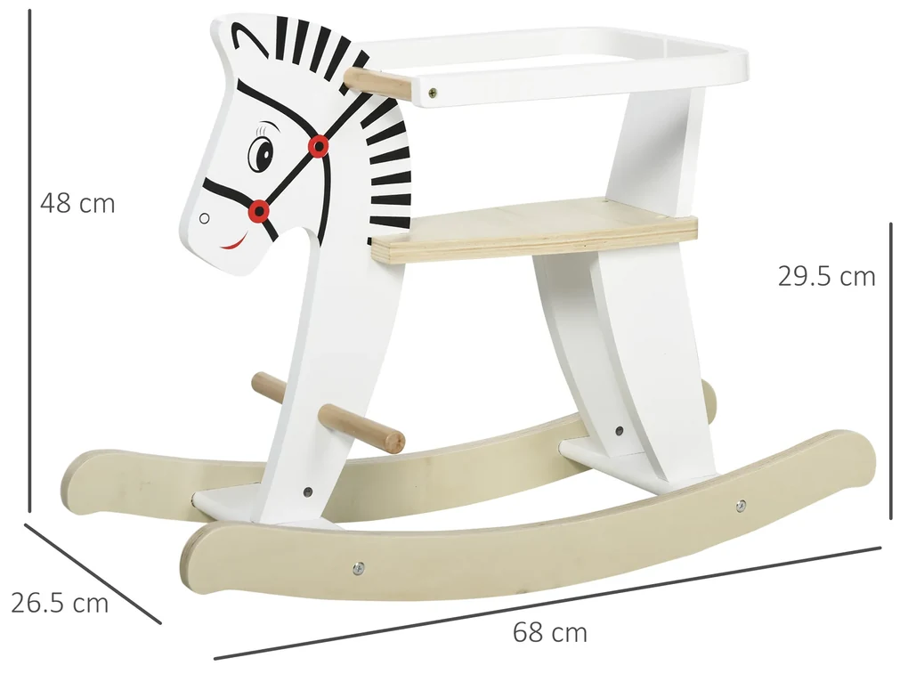 HOMCOM Căluț Balansoar Clasic din Lemn pentru Copii 1-3 Ani, Design Sigur cu Margine și Suport pentru Picioare, 68x26.5x48cm, Alb | Aosom Romania