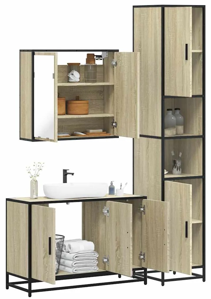 vidaXL Set mobilier de baie, 3 piese, stejar sonoma, lemn prelucrat