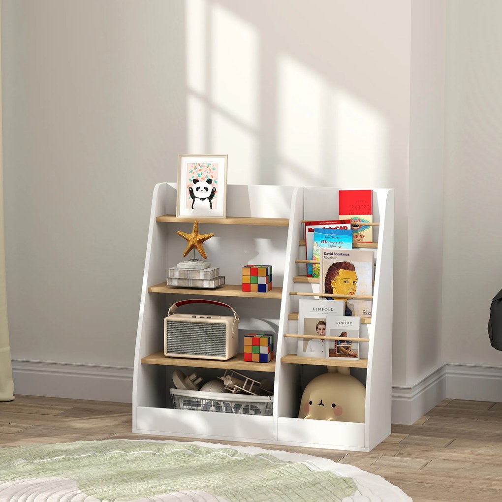 AIYAPLAY Bibliotecă pentru copii, depozitare cărți 4 nivele, suport pentru cărți, grilaj de depozitare, alb | Aosom Romania
