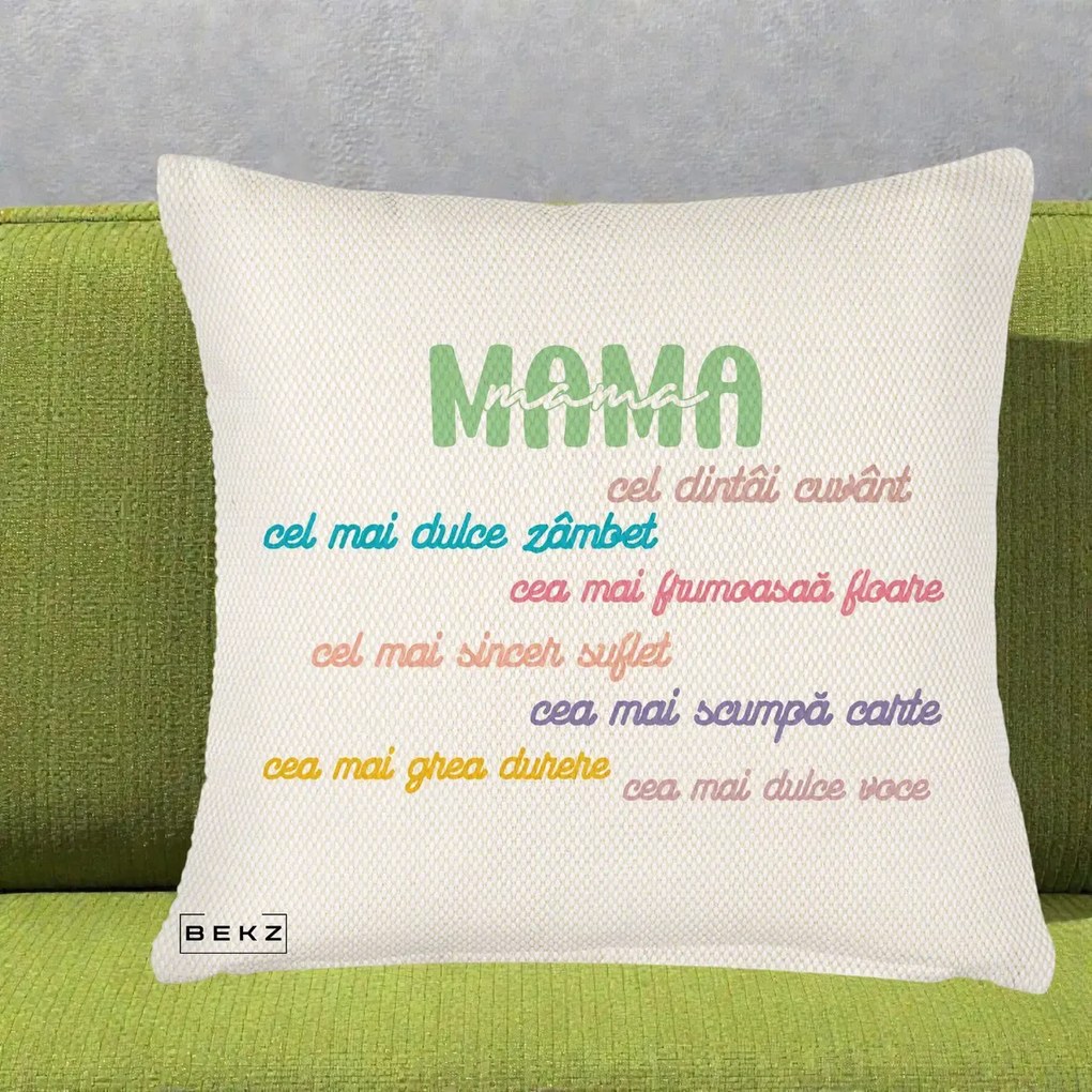 Perna personalizata mama: Mama, cel dintai cuvant, text colorat, 45x45 cm cu Umplutura, Crem Reliefat, BEKZ