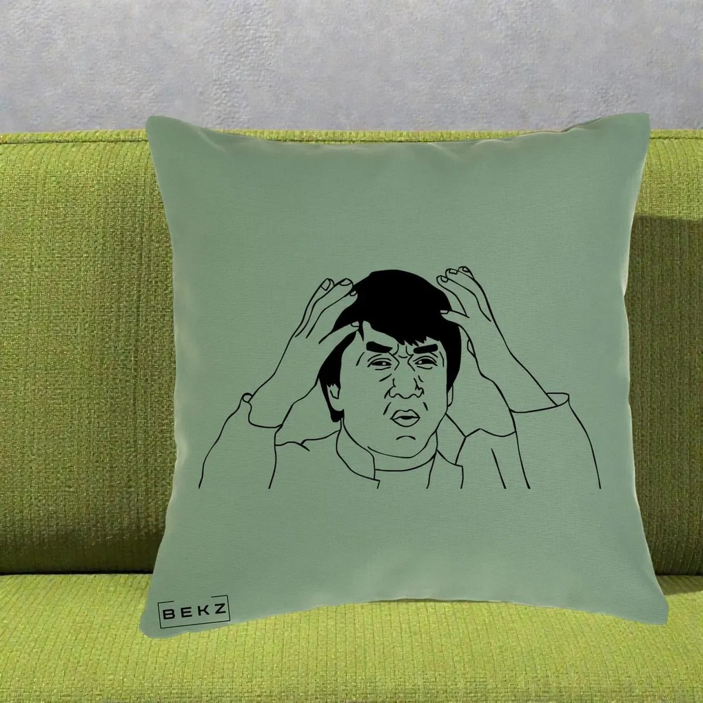 Perna Decorativa Jackie Chan WTF, 40x40 cm, Verde, Husa Detasabila, Perna Inclusa, BEKZ®