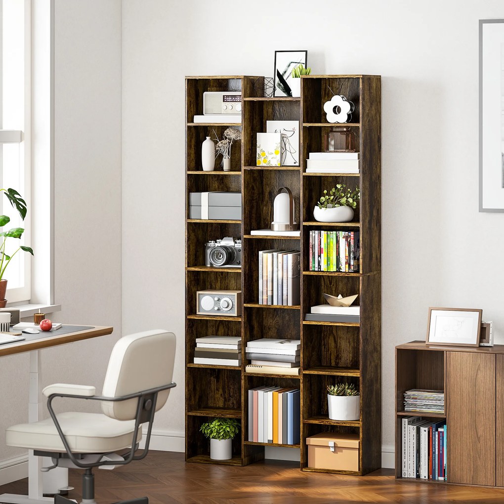 HOMCOM Bibliotecă modernă din lemn înaltă 181 cm cu 21 de compartimente și 10 rafturi reglabile, Maro Rustic | Aosom Romania
