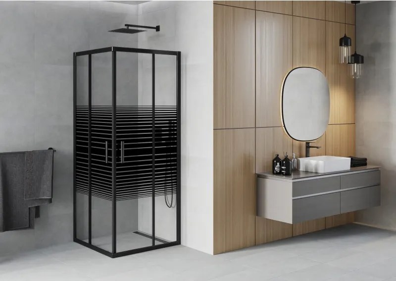 Mexen Rio cabina de duș pătrată 90 x 90 cm, dungi negre, neagră - 860-090-090-70-20