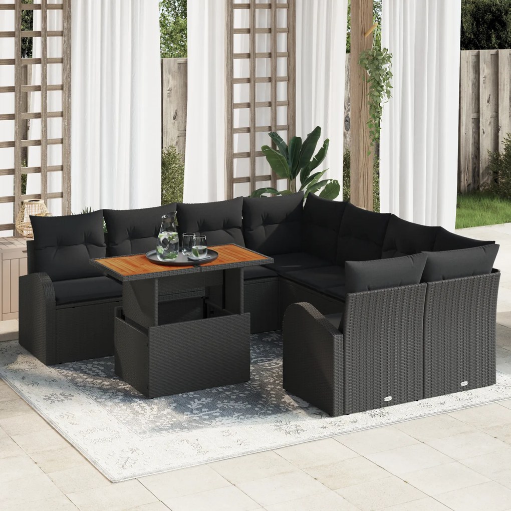 vidaXL Set de 9 piese pentru grădină cu perne Rattan negru Acacia