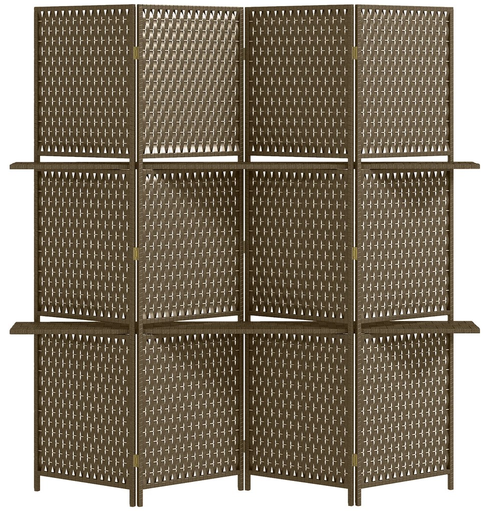 HOMCOM Paravan interior separator de încăpere 4 panouri 2 rafturi lemn de pin țesut cu fibre de hârtie 181 x 180 cm maro | Aosom Romania