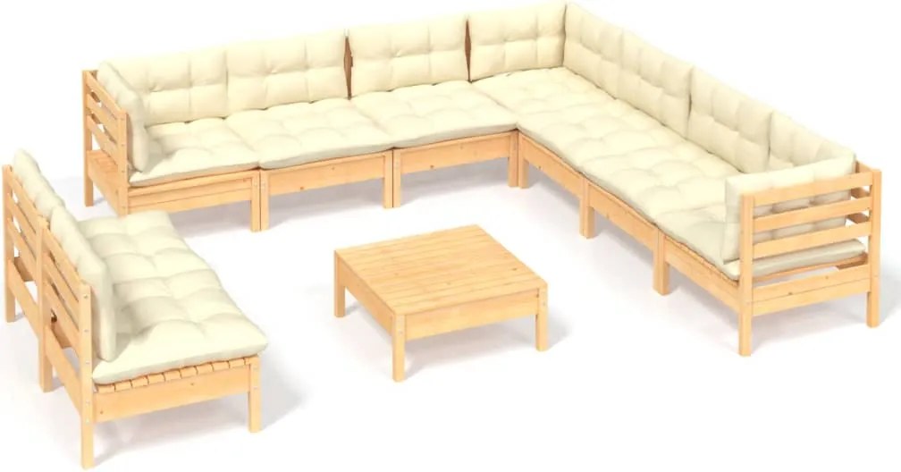 vidaXL Set mobilier grădină cu perne crem, 10 piese, lemn masiv de pin