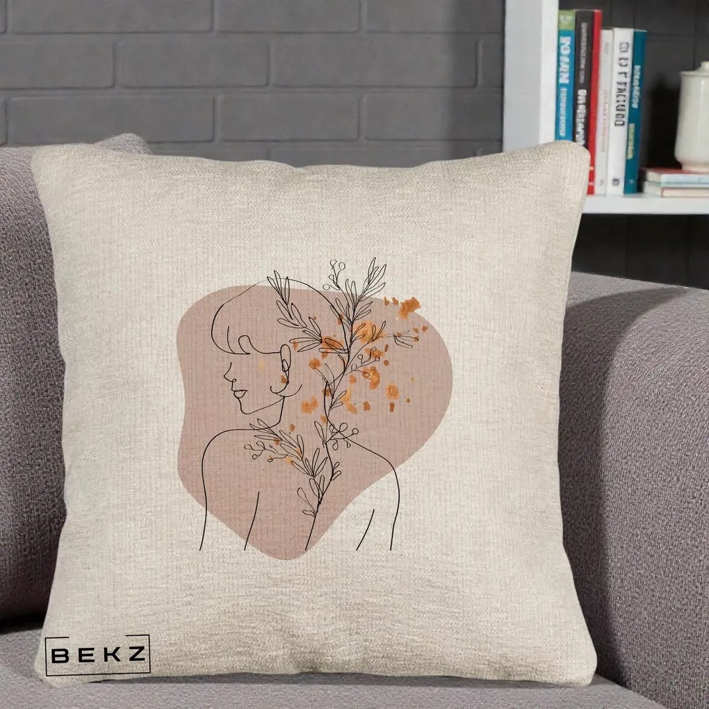 Perna Decorativa Femeie cu Flori Line Art Boho, 40x40 cm, Bej Canapea, Husa Detasabila, Perna Inclusa, BEKZ®
