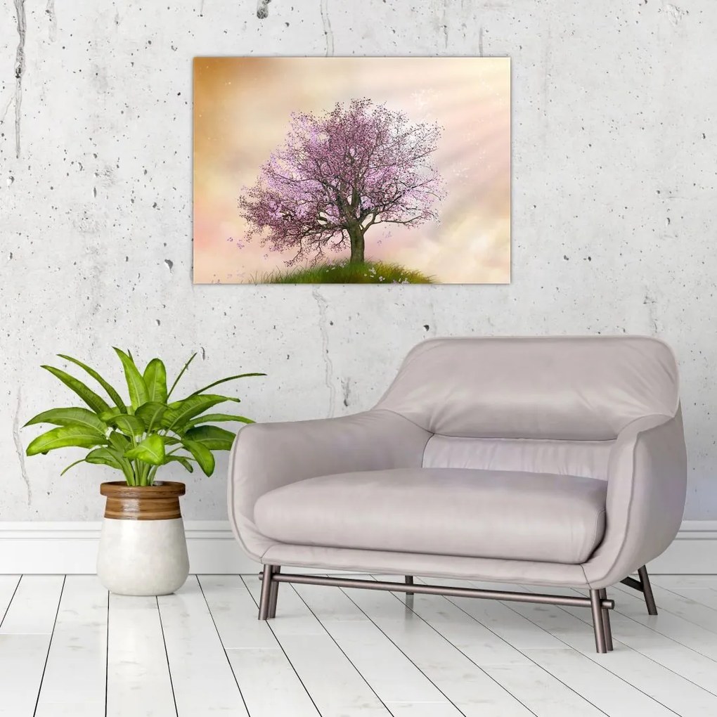 Tablou pe sticlă - Copacul înflorit în deal (70x50 cm)