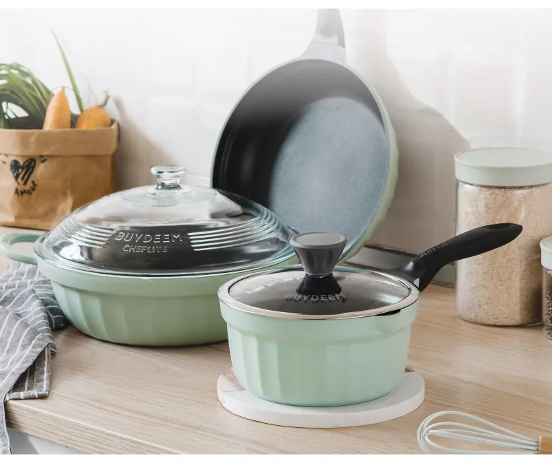 Cratita BUYDEEM CP141, 1.8 l, Capac din sticla, Aluminiu turnat, Fara PFOA, Acoperire antiaderenta, Verde