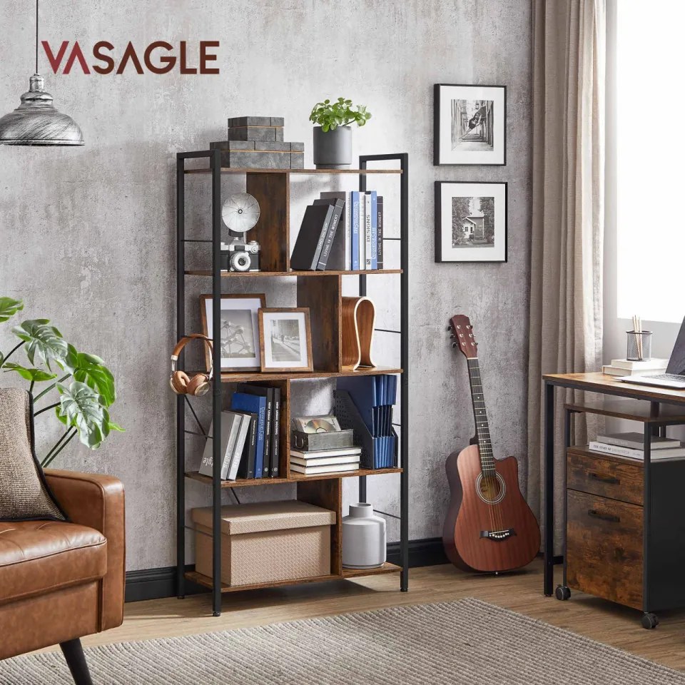Biblioteca Living, Maro Rustic / Negru, PAL / Metal, 5 Rafturi