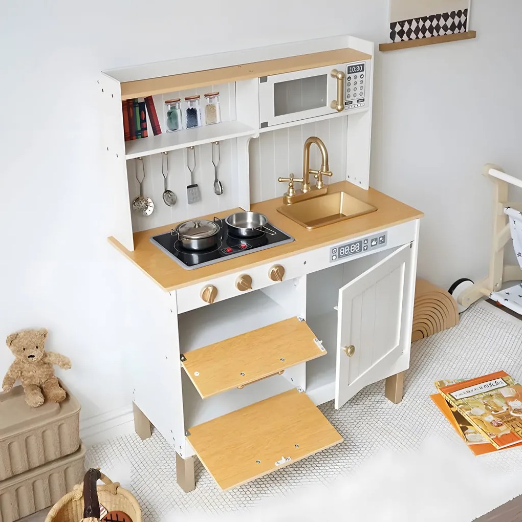 Bucătărie mare din lemn cu dulapuri cu deschidere LED și 7 accesorii