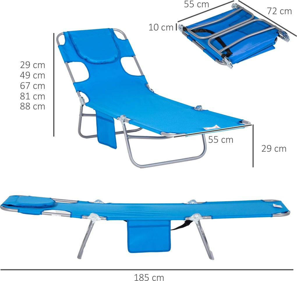 Outsunny Șezlong de grădină, fotoliu cu deschidere căptușită pentru față, șezlong de masaj pentru exterior, buzunar lateral, material textil, metal, Albastru | Aosom Romania