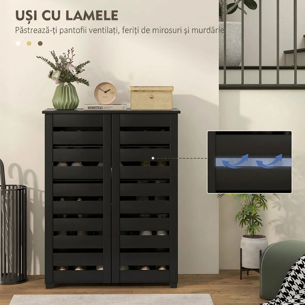 HOMCOM Pantofar cu 5 niveluri, 4 rafturi reglabile și uși cu lamele, din PAL, 76x33x98 cm, negru | Aosom Romania