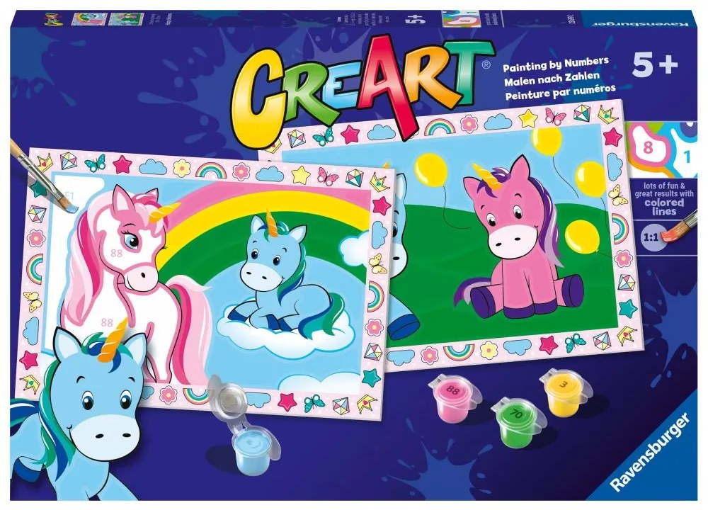 CREART PICTURA PE NUMERE PENTRU COPII 2 SABLOANE UNICORNI VESELI - RAVENSBURGER (RVSPBN23699)