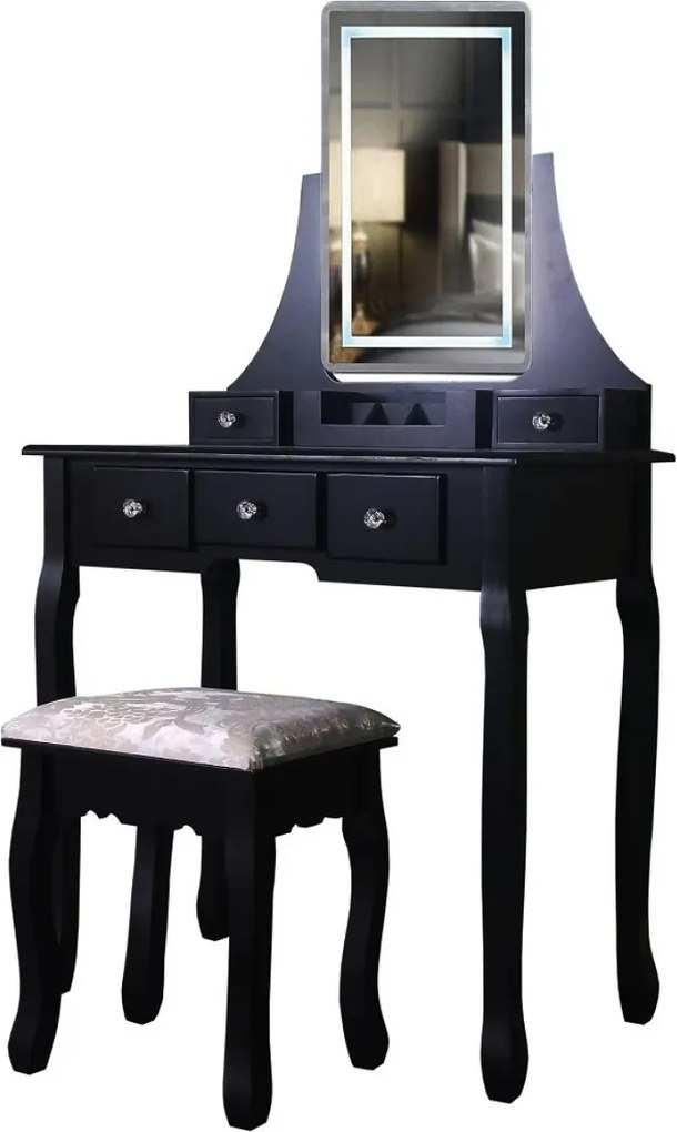 RESIGILAT- Set Cleopatra, Masă de toaletă cu oglindă iluminată LED, control touch, 5 sertare, scaun, Negru