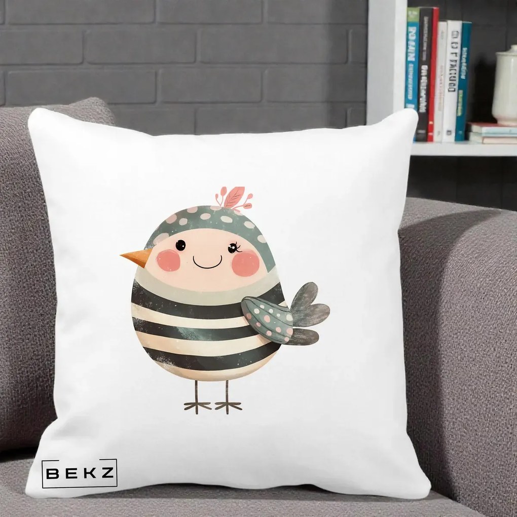 Perna Decorativa Pui Kawaii Teal cu Flori, 40x40 cm, Alba Mata, Husa Detasabila, Perna Inclusa, BEKZ®