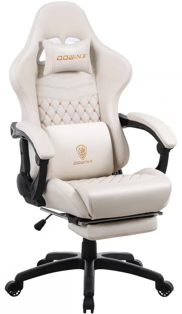 DOWINX Scaun gaming, ergonomic, suport lombar cu masaj, spătar înalt, reglabil, tetieră, suport picioare, rezistent 150 kg, piele PU, Ivory