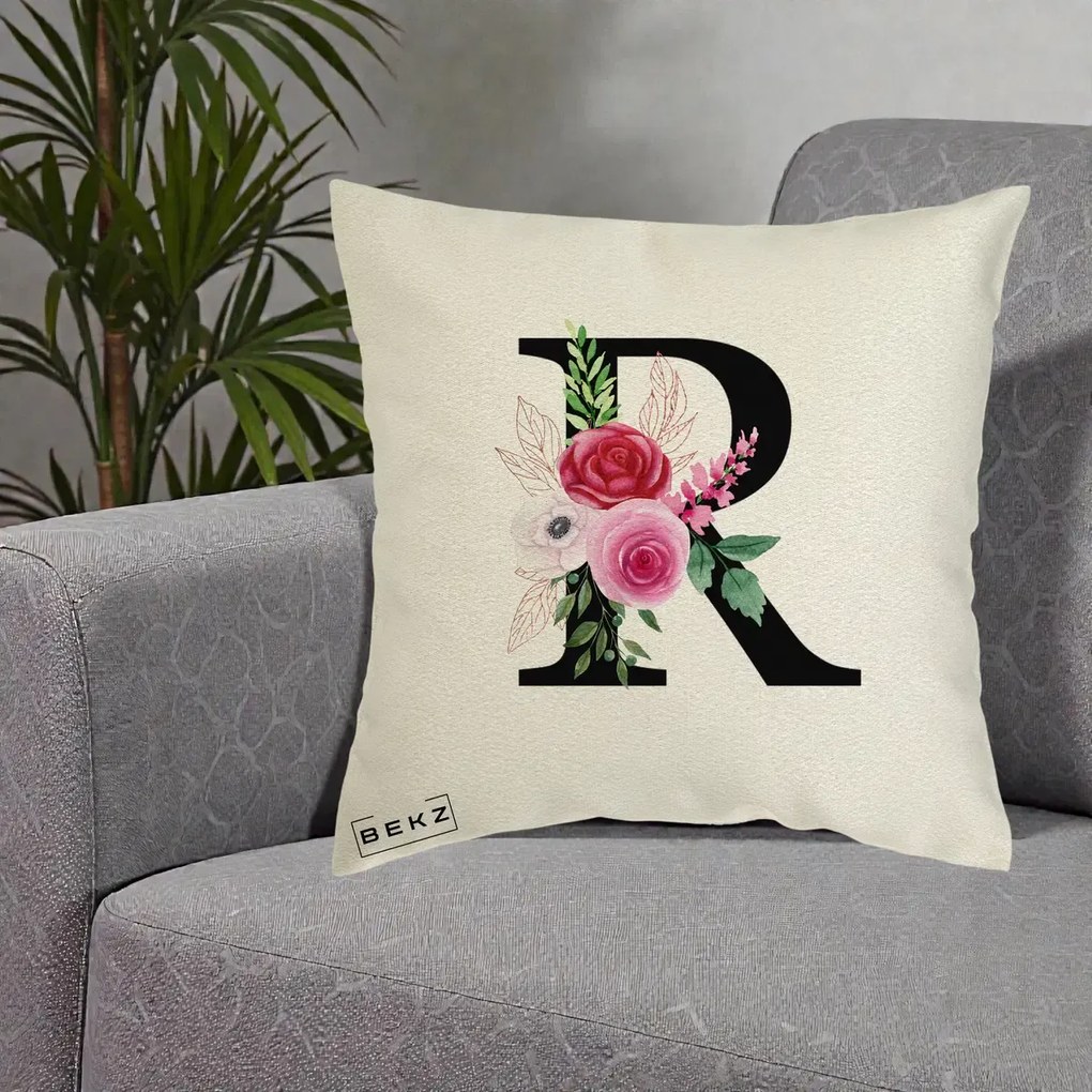 Cadou Personalizat - Perna Personalizata Monograma Florala Litera R, 40x40 cm, Ecru, Husa Detasabila, Perna Inclusa, BEKZ®