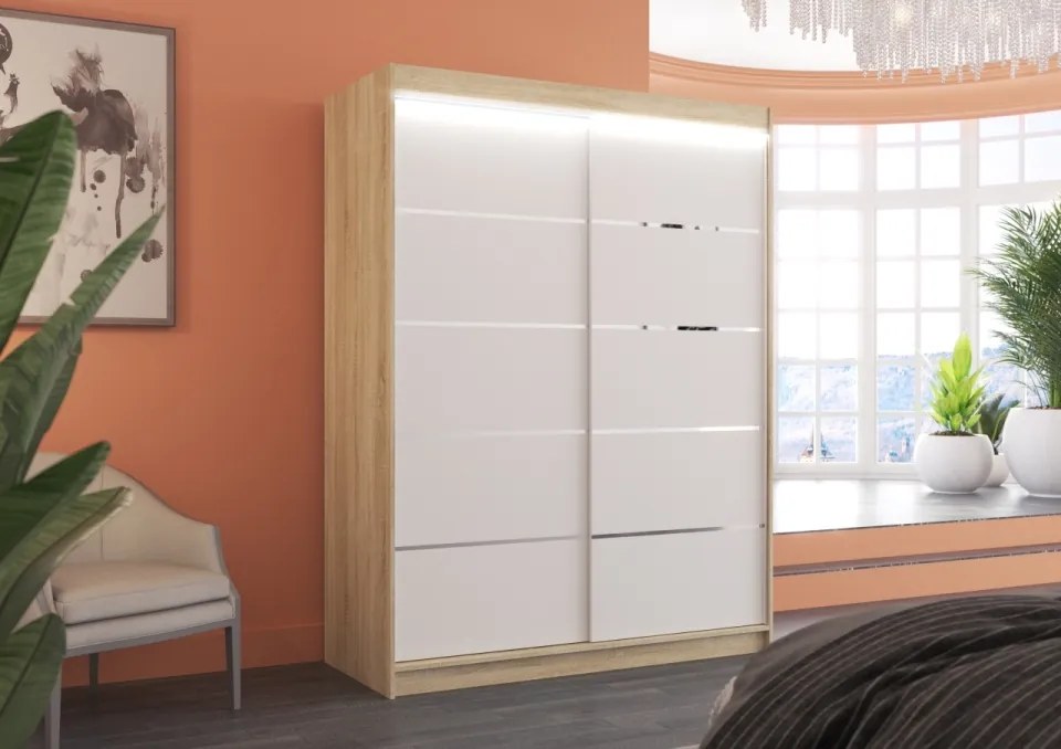 Dulap cu usi glisante si iluminare LED, Luft 150 + LED, 150 cmx200 cmx58 cm, ADRK Furniture (Culoare: Ciocolata)