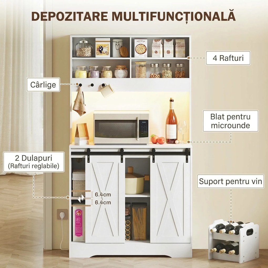 HOMCOM Servantă de Bucătărie Rustică 180 cm, Dulap cu Priză de Alimentare, Lumini LED, Suport pentru Sticle, Suprafață pentru Cuptor cu Microunde, Rafturi Deschise, Uși Glisante, Orificiu pentru Cabluri, Alb | Aosom Romania