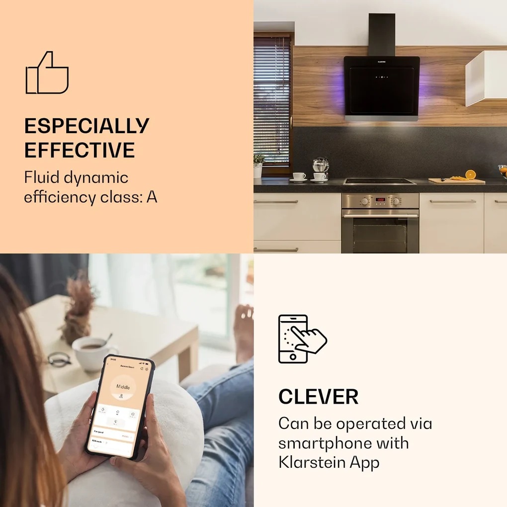 Aurora 60 Smart, Hotă, 550 m³/h, 60 cm, hotă de coș de fum, lumină de fundal, clasa de eficiență energetică A++