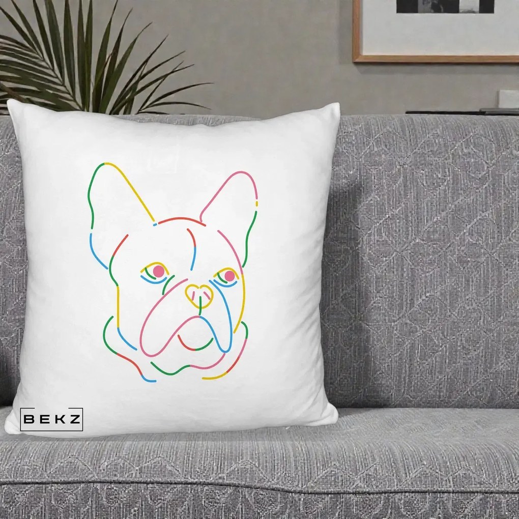 Perna Decorativa Bulldog Francez Line Art Curcubeu, 40x40 cm, Alb Pufos, Husa Detasabila, Perna Inclusa, BEKZ®
