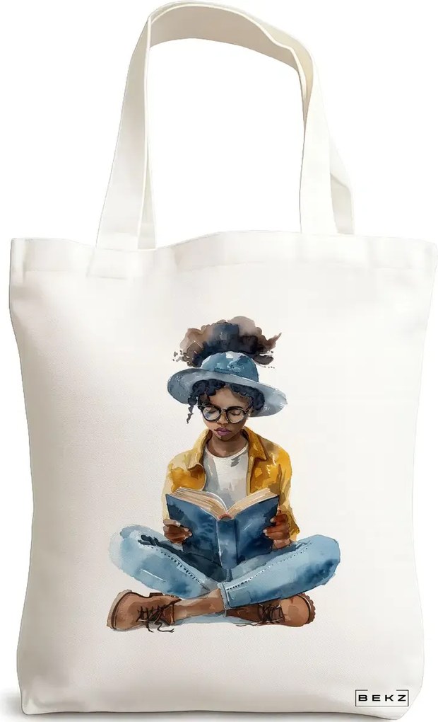 Sacosa de Panza pentru Cumparaturi, Geanta Tote, model The bookie girl 32 38 x 34.5 cm, Alba, BEKZ®