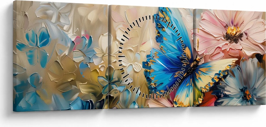 Tablou - Pictura de flori și fluturi (cu ceas) (90x30 cm)
