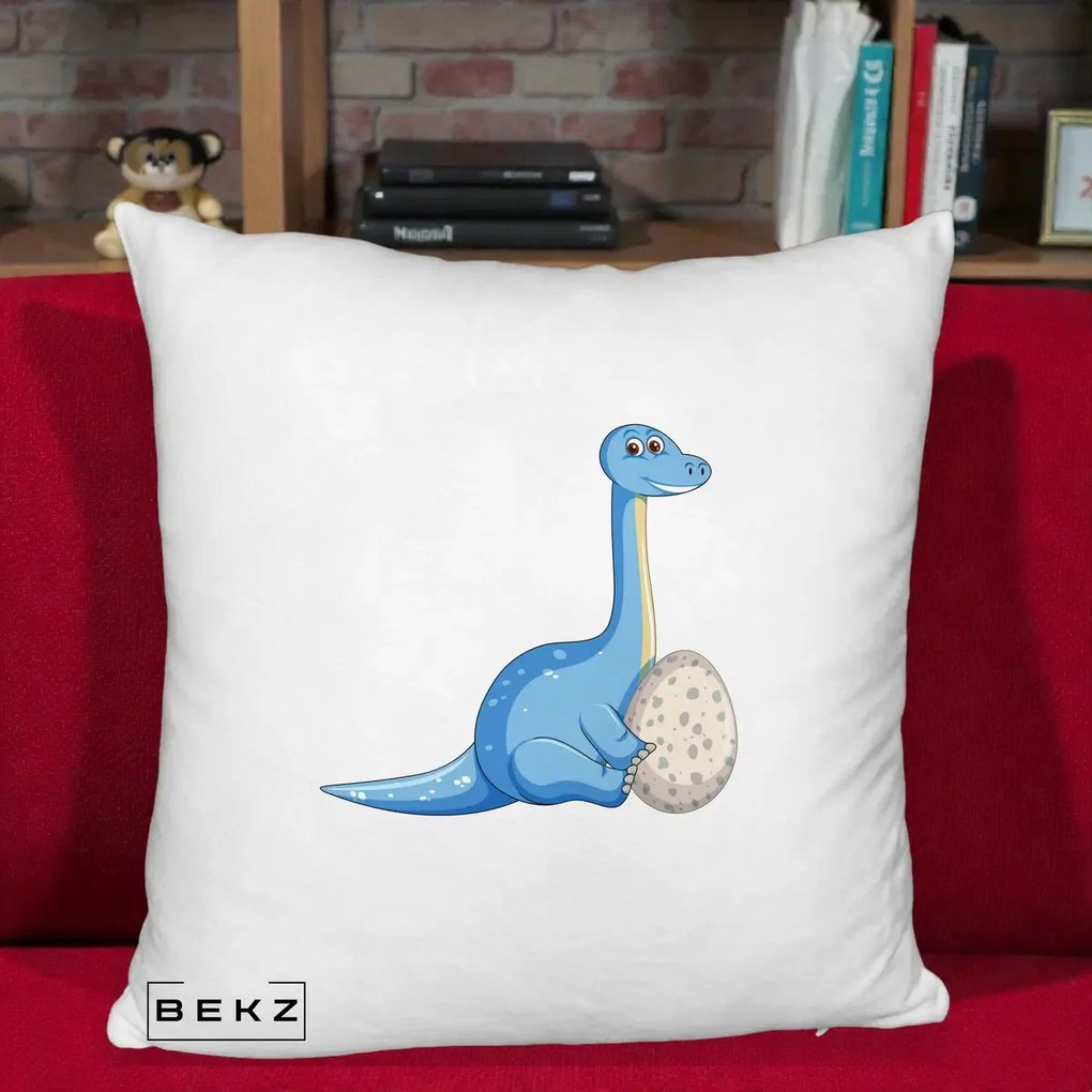 Perna Decorativa Brontosaur cu Ou, 40x40 cm, Alb Pufos, Husa Detasabila, Perna Inclusa, BEKZ®