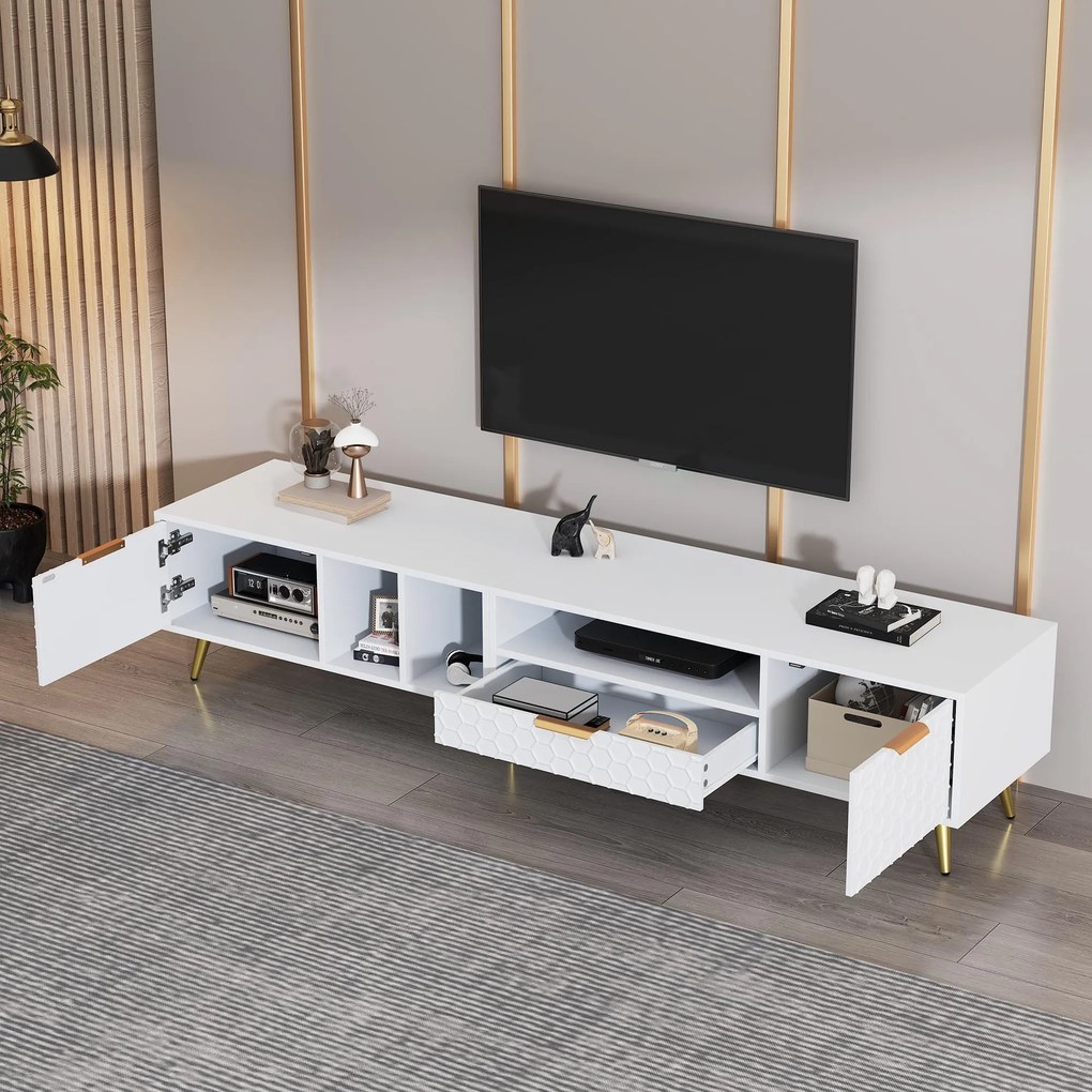 Suport TV modern cu model fagure, multiple funcții de depozitare, 180x40x41 cm, Alb