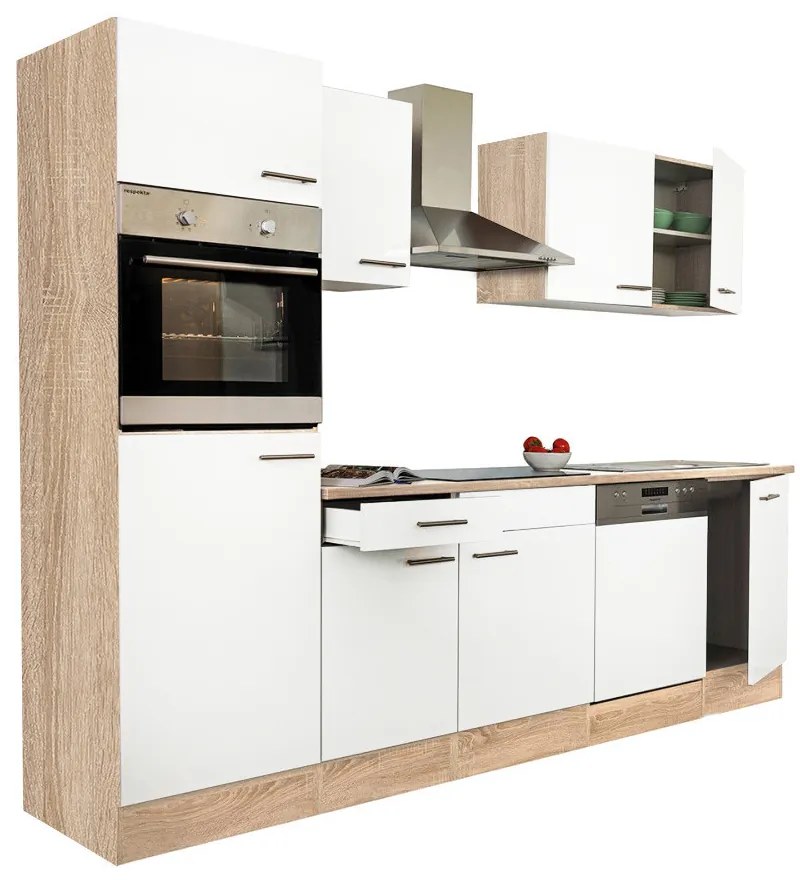 Mobilă de bucătărie Yorki 280 cu corp din stejar Sonoma și față alb satinat