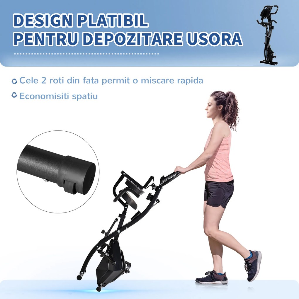 HOMCOM Bicicletă Pliabilă 2 în 1 cu Rezistență Magnetică Reglabilă pe 8 Nivele, 105x48x118 cm, Negru | Aosom Romania