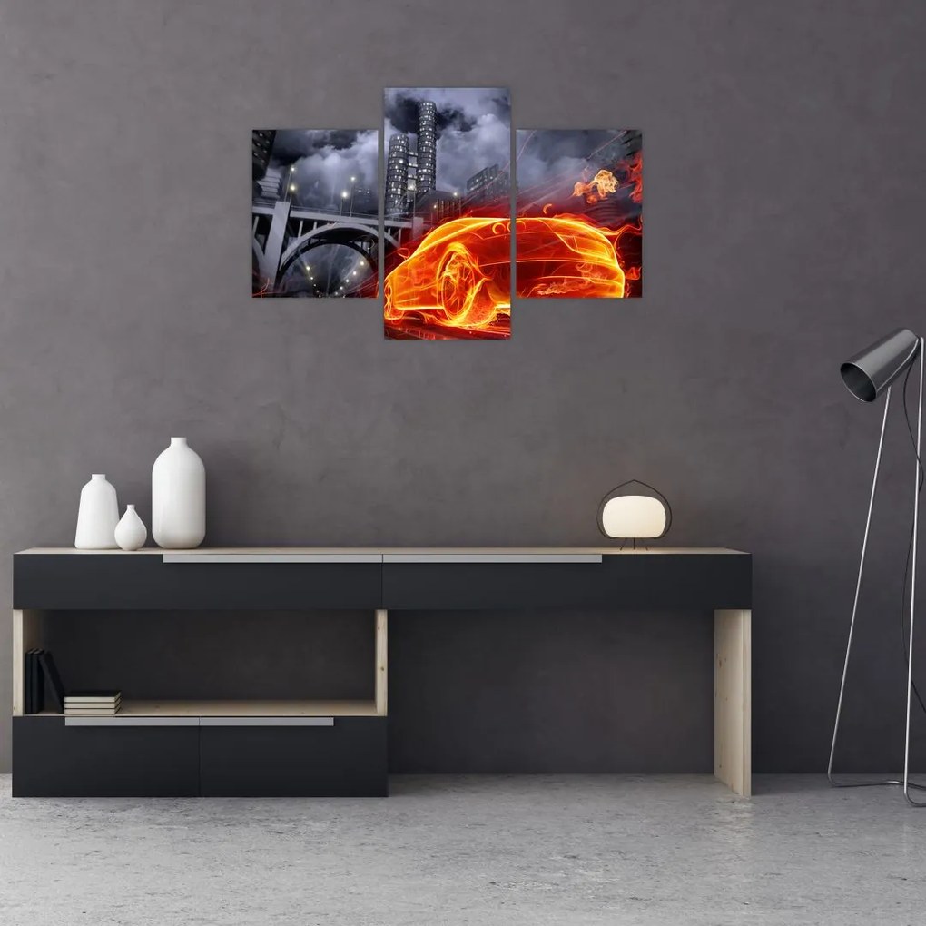 Tablou cu mașina în flăcărată (90x60 cm)