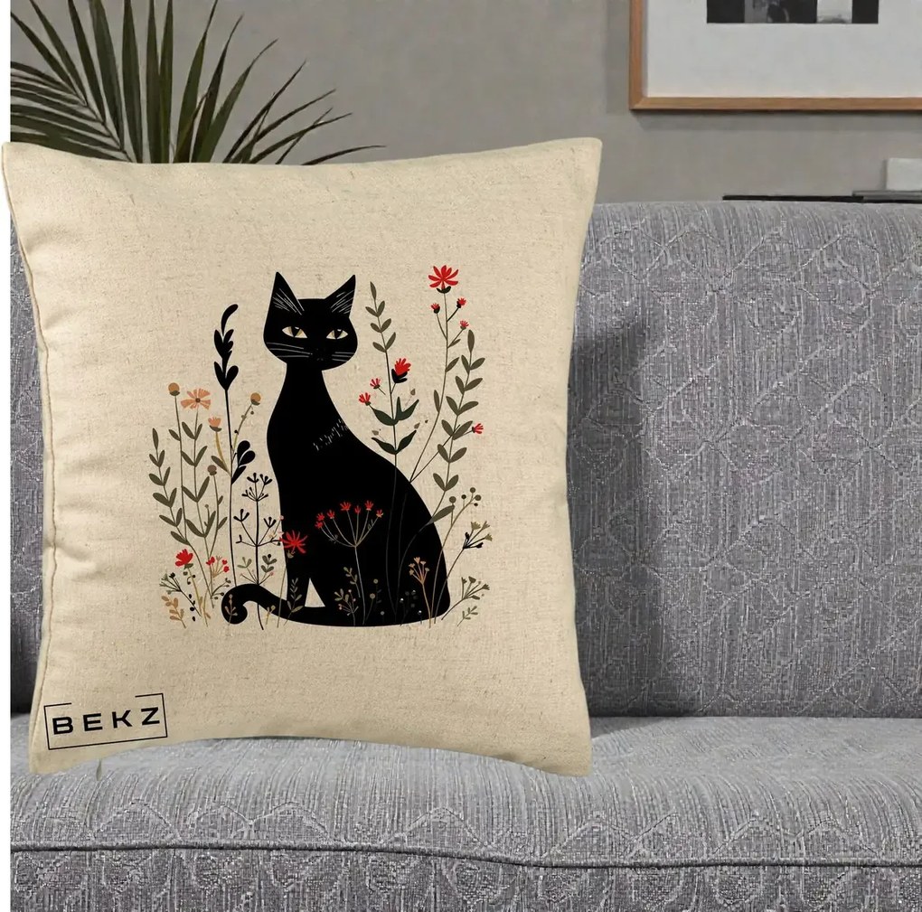 Perna Decorativa Pisica Neagra Botanica Rosu-Gri, 40x40 cm, Bej, Husa Detasabila, Perna Inclusa, BEKZ®