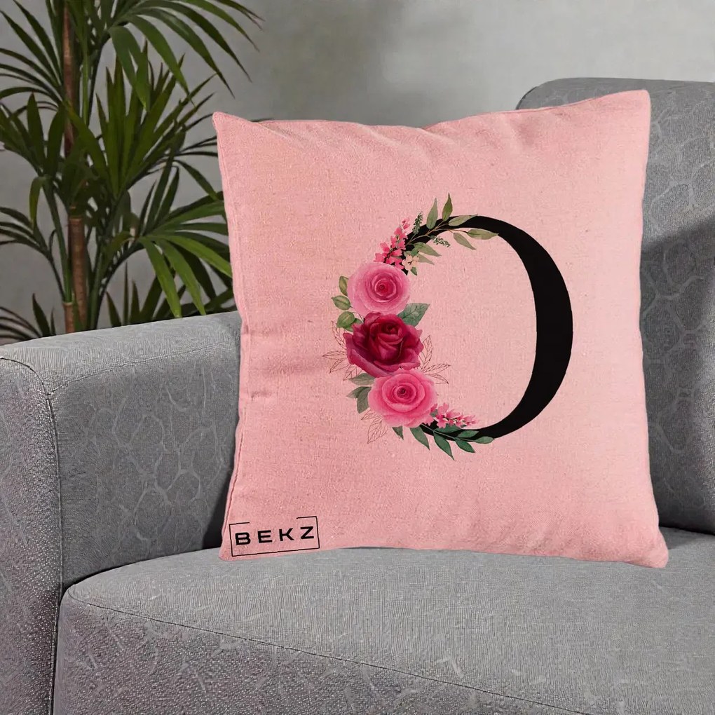 Cadou Personalizat - Perna Personalizata Monograma Florala Litera O, 40x40 cm, Roz, Husa Detasabila, Perna Inclusa, BEKZ®