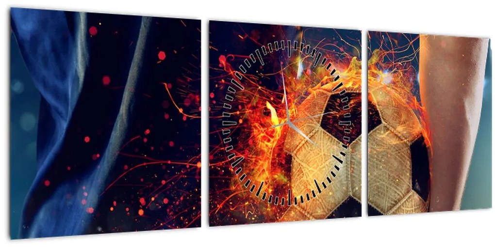 Tablou - Minge de fotbal în flăcări (cu ceas) (90x30 cm)