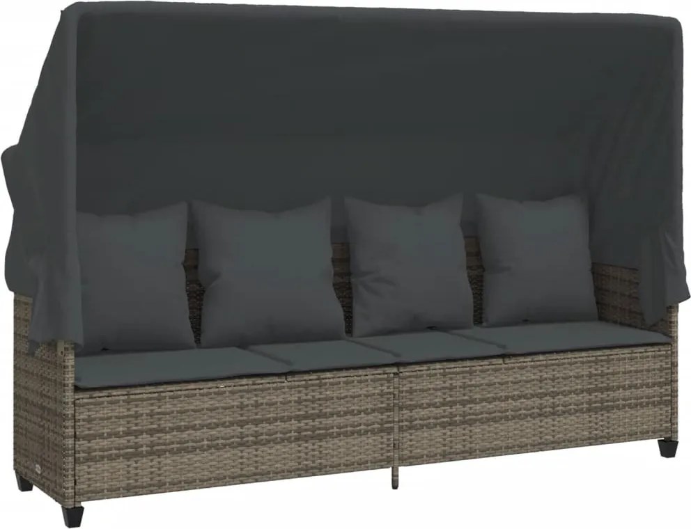 vidaXL Șezlong cu baldachin și perne, gri, poliratan