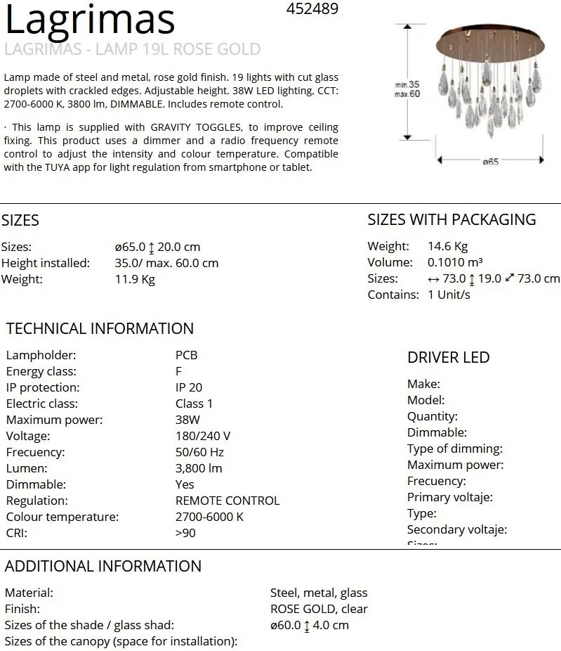 Plafoniera cu 19 pendule LED CCT cu telecomanda Lagrimas