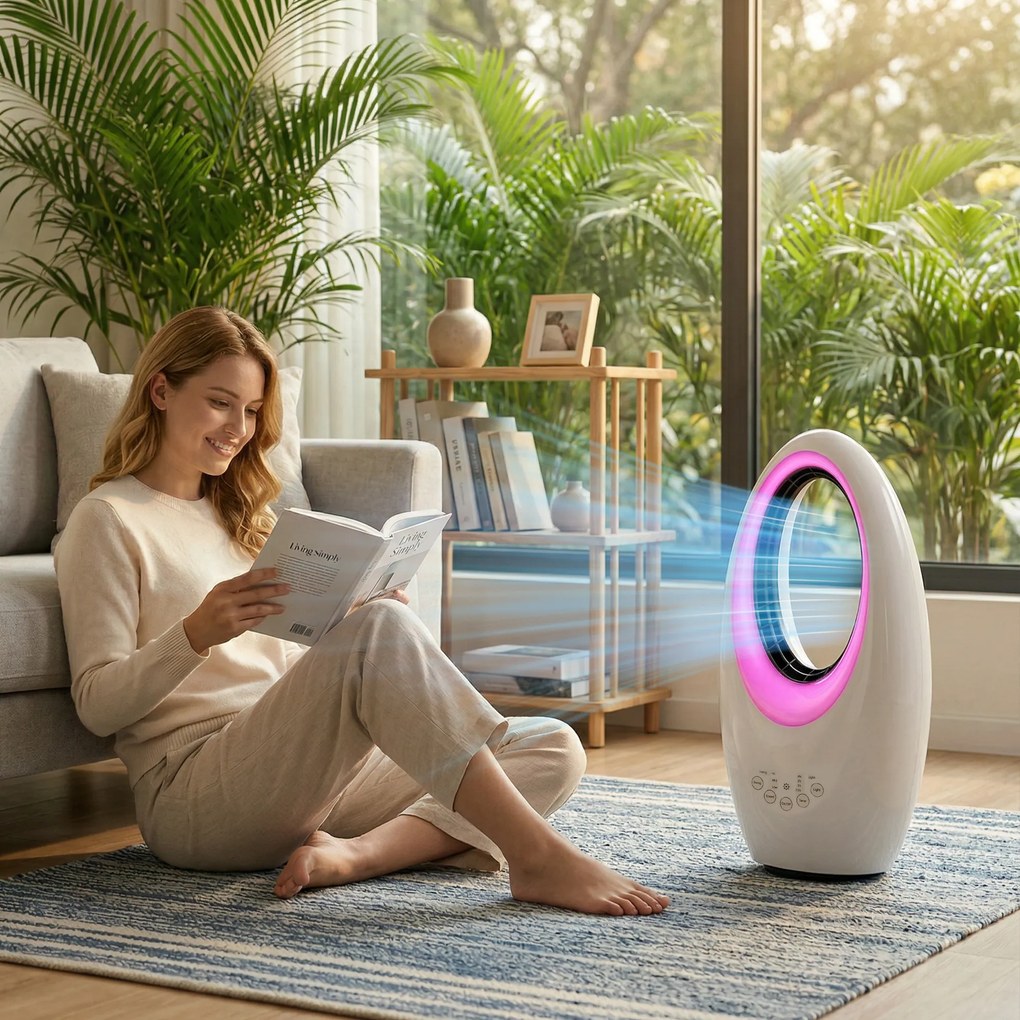 HOMCOM Ventilator turn fără pale, ventilator silențios 36 dB cu oscilație 60°, iluminare LED, 3 trepte de viteză, 7,5-Stunden-Timer, telecomandă | Aosom Romania