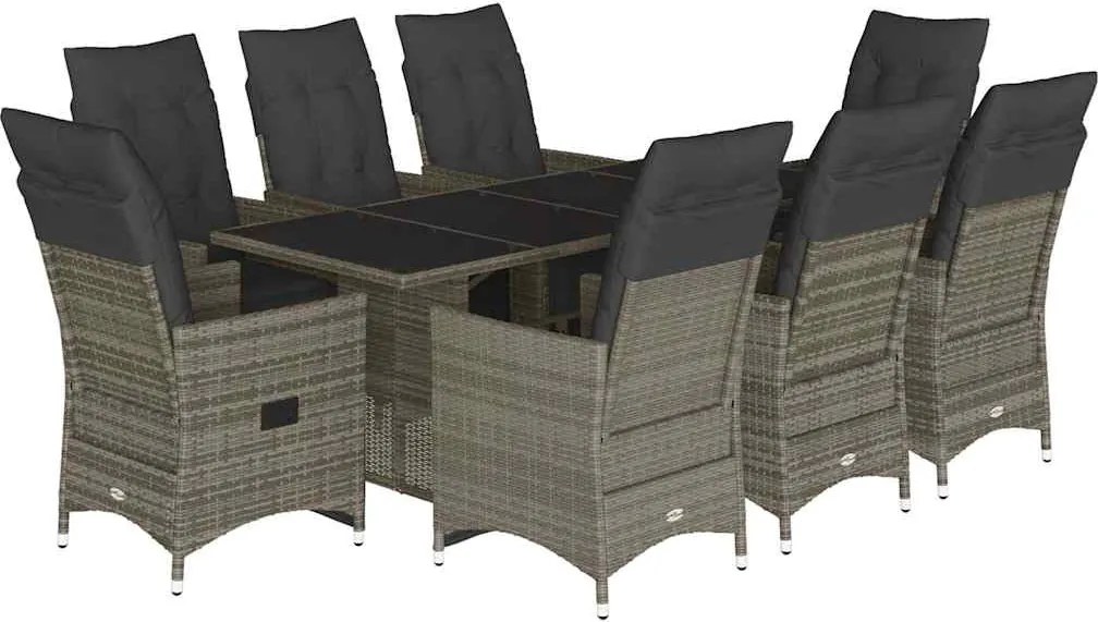 vidaXL Set bistro de grădină cu perne, 9 piese, gri, poliratan