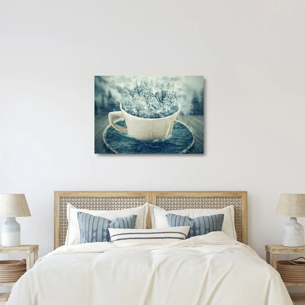 Tablou pe sticlă - Lumea de iarnă într-o căniță (70x50 cm)