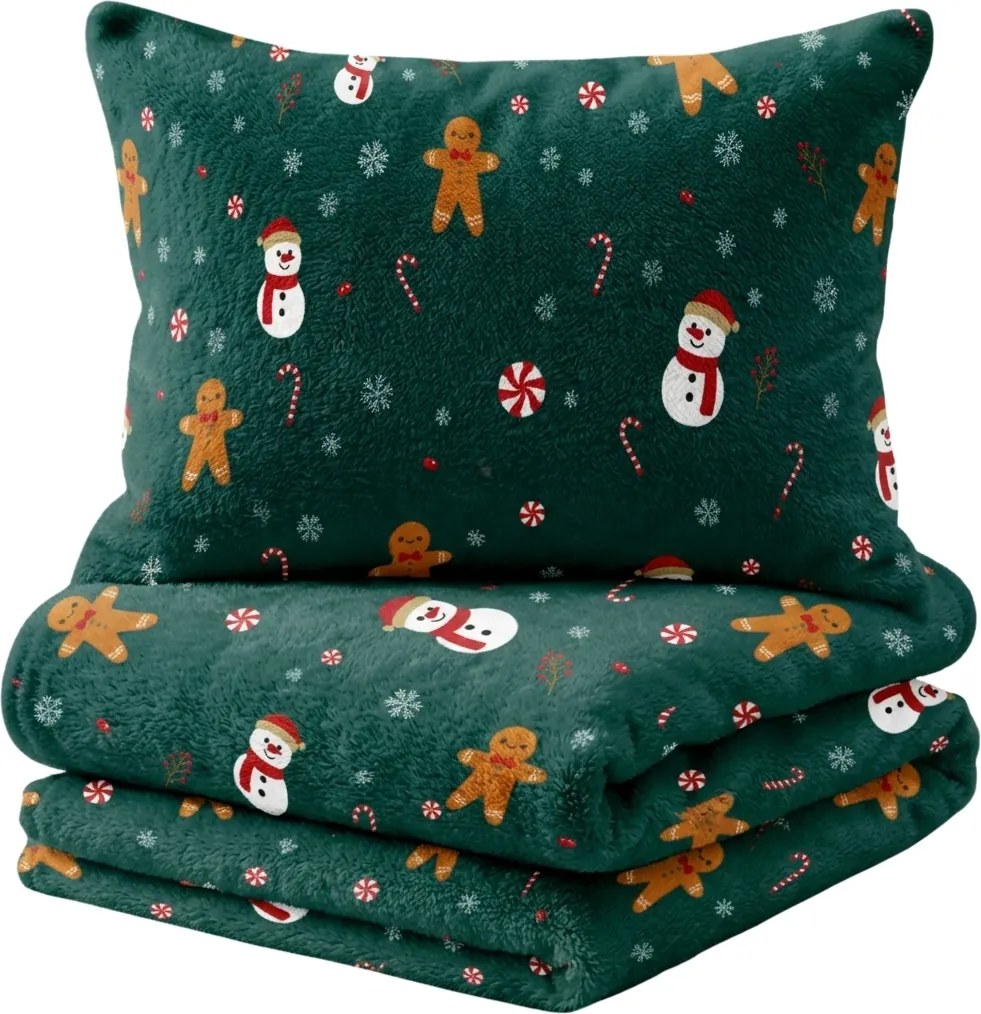 Lenjerie cocolino SNOWMAN AND GINGERBREAD verde Dimensiune lenjerie de pat: 70 x 90 cm | 140 x 220 cm