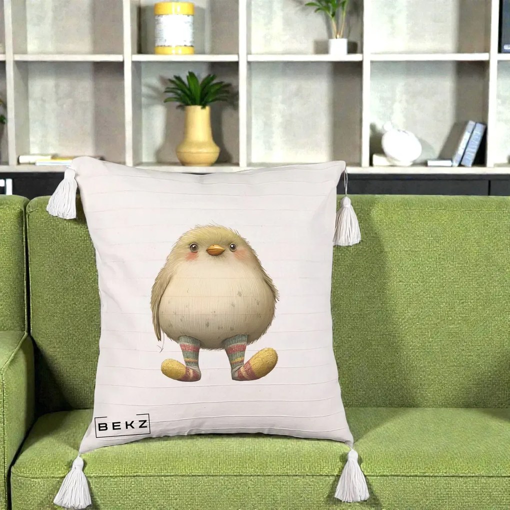 Perna Decorativa Pui Pufos cu Sosete Dungate, 40x40 cm, Bej cu Franjuri, Husa Detasabila, Perna Inclusa, BEKZ®